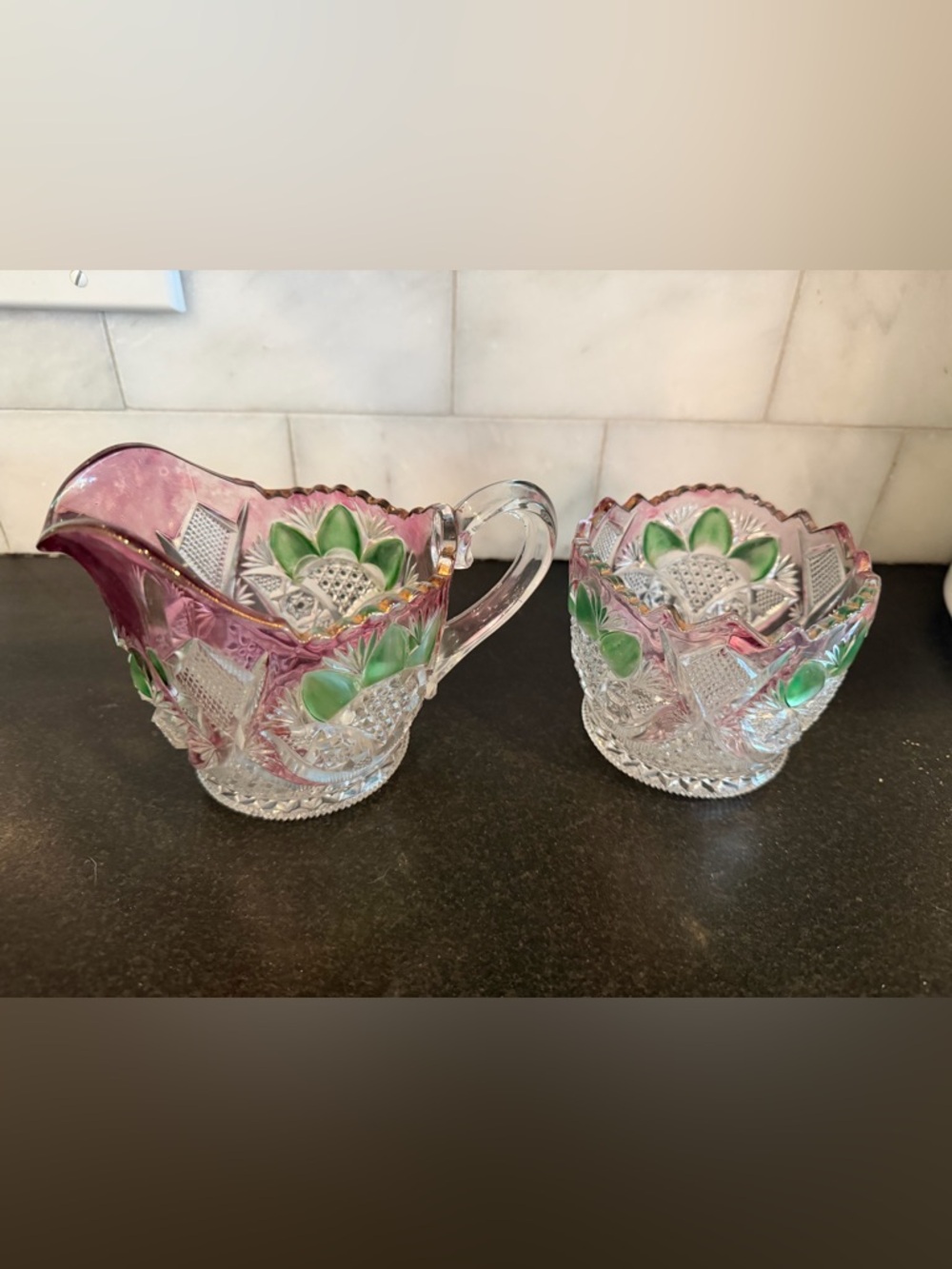 Vintage Pink and Green Pressed Glass Creamer and Sugar Set